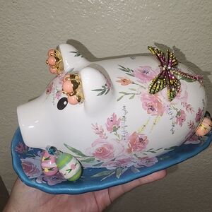 Hand Crafted Upcycled Floral " Spring Piggy "w Dragonfly Accent